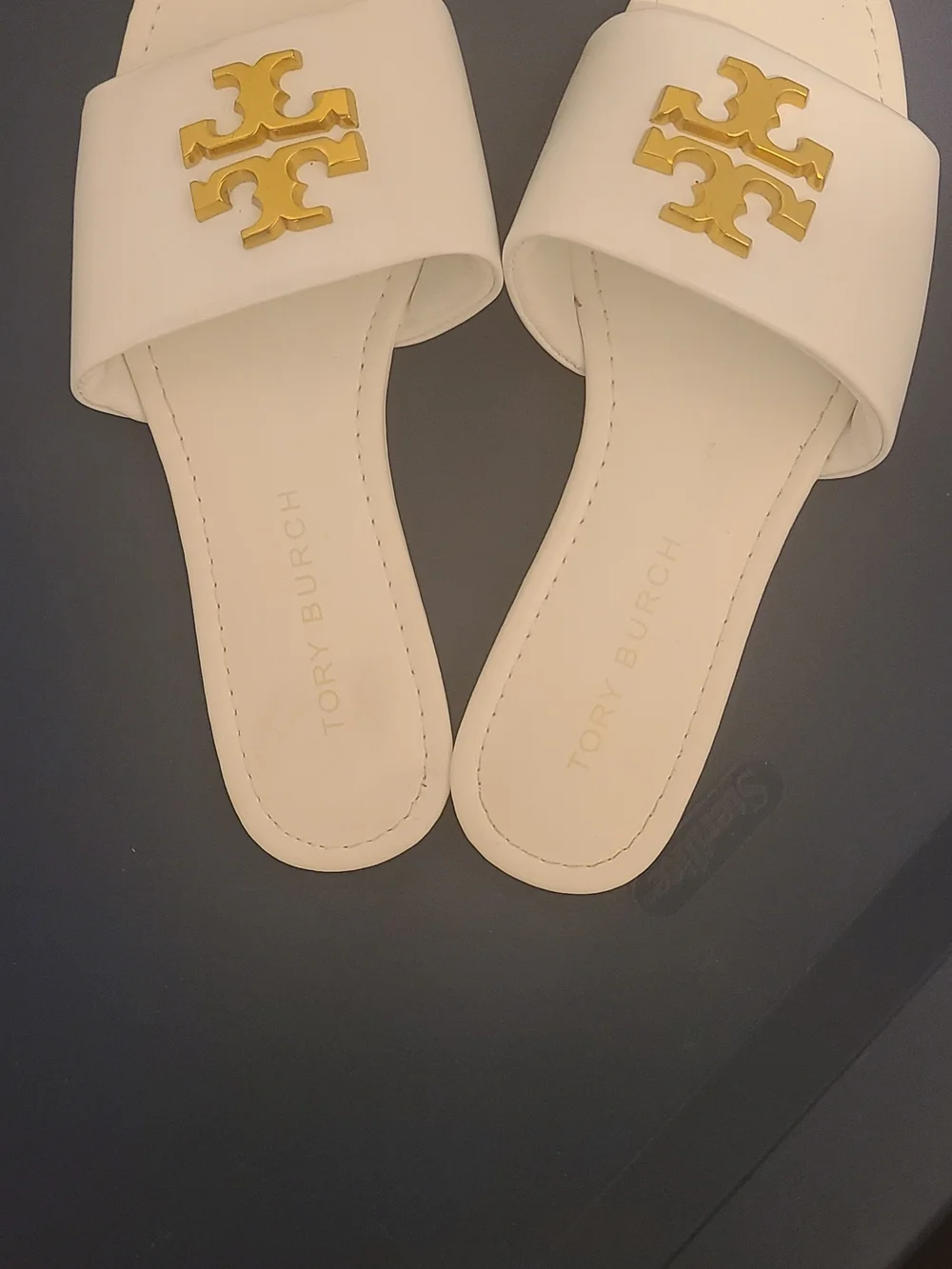 Tory Burch White Slide Sandals with Gold Logo